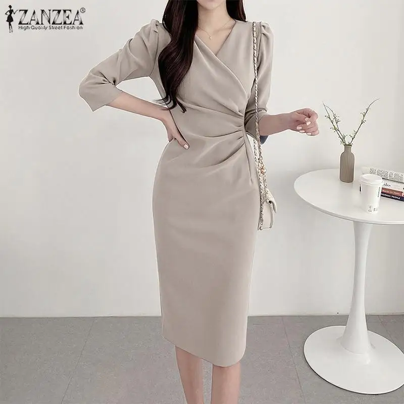 ZANZEA Women’s Sexy V-Neck Bodycon Party Dress, Ruched Waist Knee Length Dress 3/4 Sleeve, Summer Elegant Office Work Robe Femme