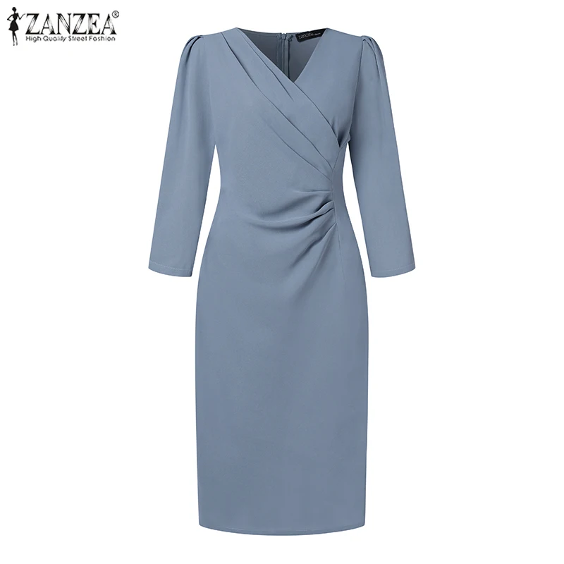 ZANZEA Women’s Sexy V-Neck Bodycon Party Dress, Ruched Waist Knee Length Dress 3/4 Sleeve, Summer Elegant Office Work Robe Femme