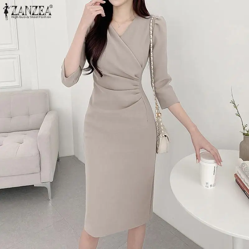 ZANZEA Women’s Sexy V-Neck Bodycon Party Dress, Ruched Waist Knee Length Dress 3/4 Sleeve, Summer Elegant Office Work Robe Femme