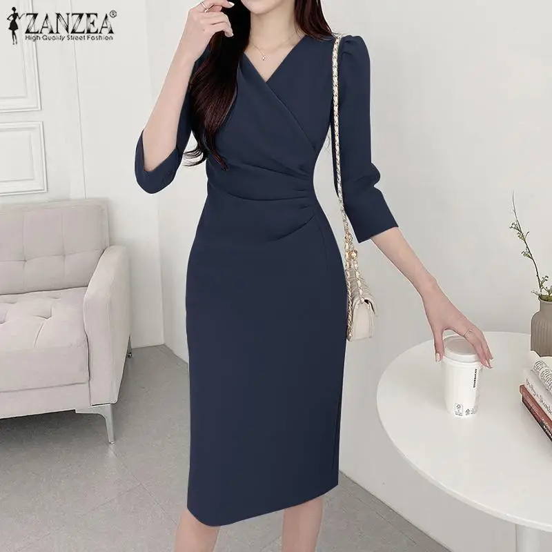 ZANZEA Women’s Sexy V-Neck Bodycon Party Dress, Ruched Waist Knee Length Dress 3/4 Sleeve, Summer Elegant Office Work Robe Femme
