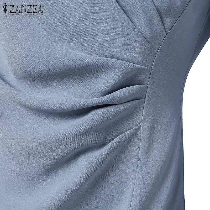 ZANZEA Women’s Sexy V-Neck Bodycon Party Dress, Ruched Waist Knee Length Dress 3/4 Sleeve, Summer Elegant Office Work Robe Femme