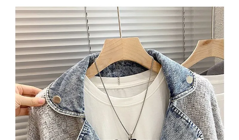 2023 New Autumn Winter Women Splicing Denim Jacket Women Long Sleeve Jean Jackets Female Loose Sweater Cardigan Jacket