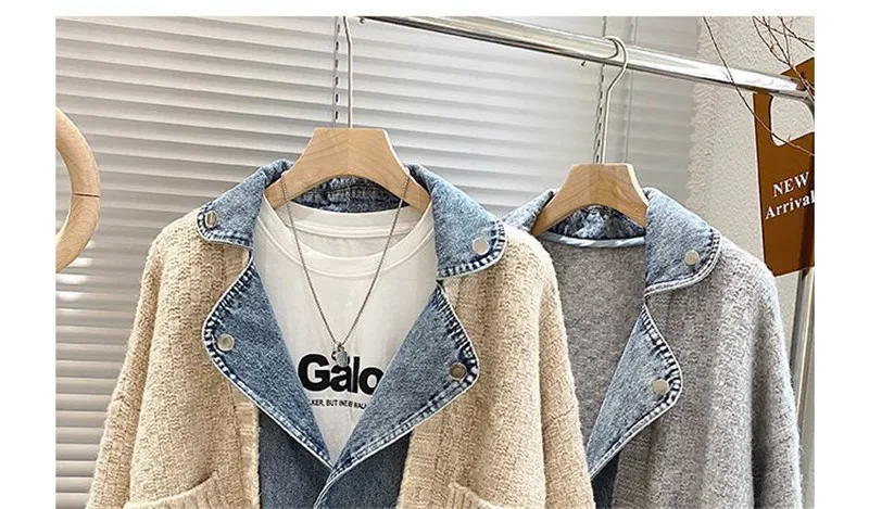 2023 New Autumn Winter Women Splicing Denim Jacket Women Long Sleeve Jean Jackets Female Loose Sweater Cardigan Jacket