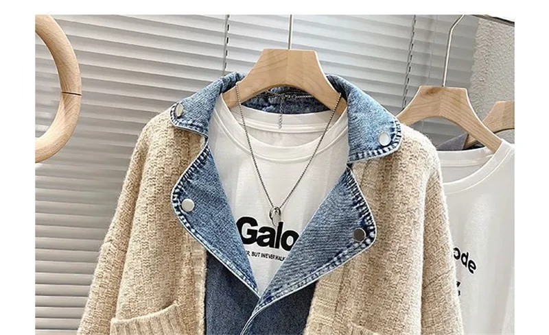 2023 New Autumn Winter Women Splicing Denim Jacket Women Long Sleeve Jean Jackets Female Loose Sweater Cardigan Jacket
