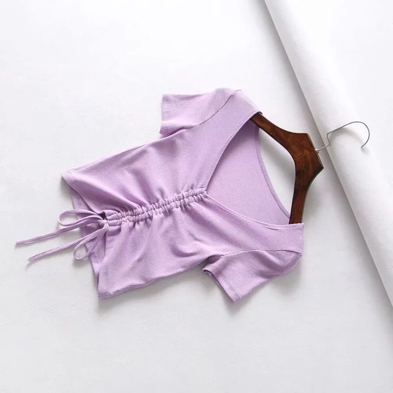 Sexy V Neck Cropped Tank Tops Women Drawstring Tie Up Front Camis Candy Colors Streetwear Slim Fit Ribbed Crop Top