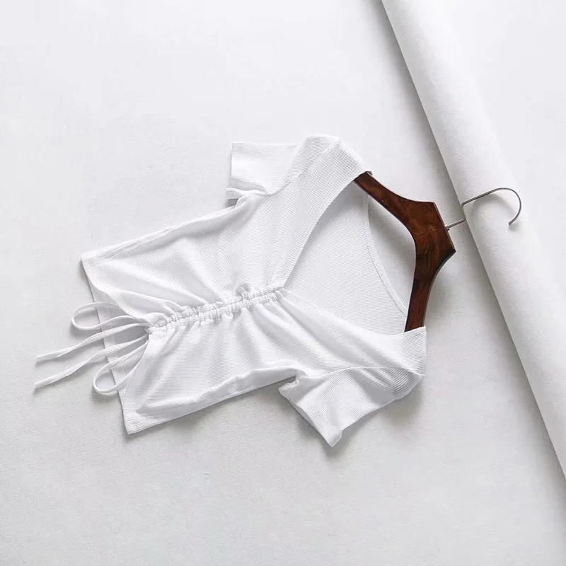 Sexy V Neck Cropped Tank Tops Women Drawstring Tie Up Front Camis Candy Colors Streetwear Slim Fit Ribbed Crop Top