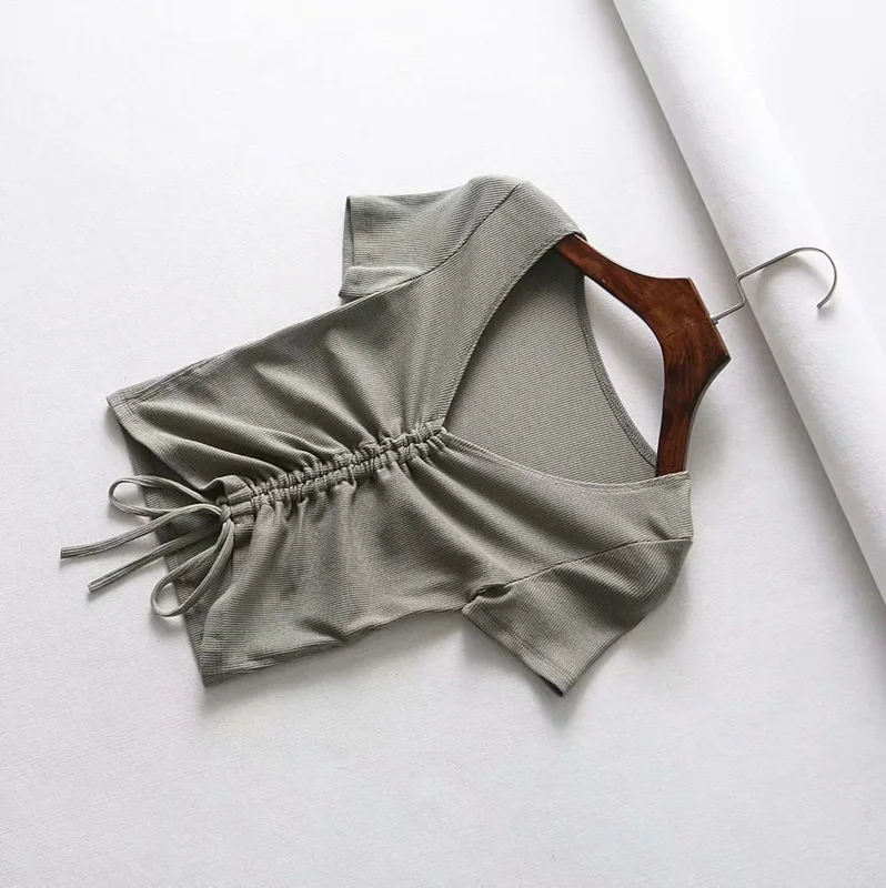 Sexy V Neck Cropped Tank Tops Women Drawstring Tie Up Front Camis Candy Colors Streetwear Slim Fit Ribbed Crop Top