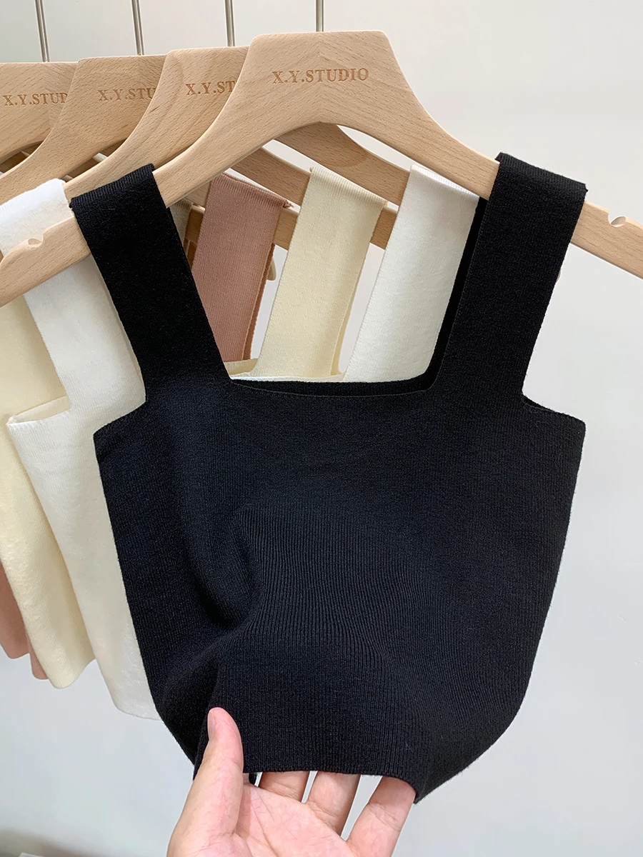 Zjaiss 2026 Summer Women Sexy Sleeveless Tops Fashion Short Square Collar Tank Tops 6 Colors Knitted Crop Top
