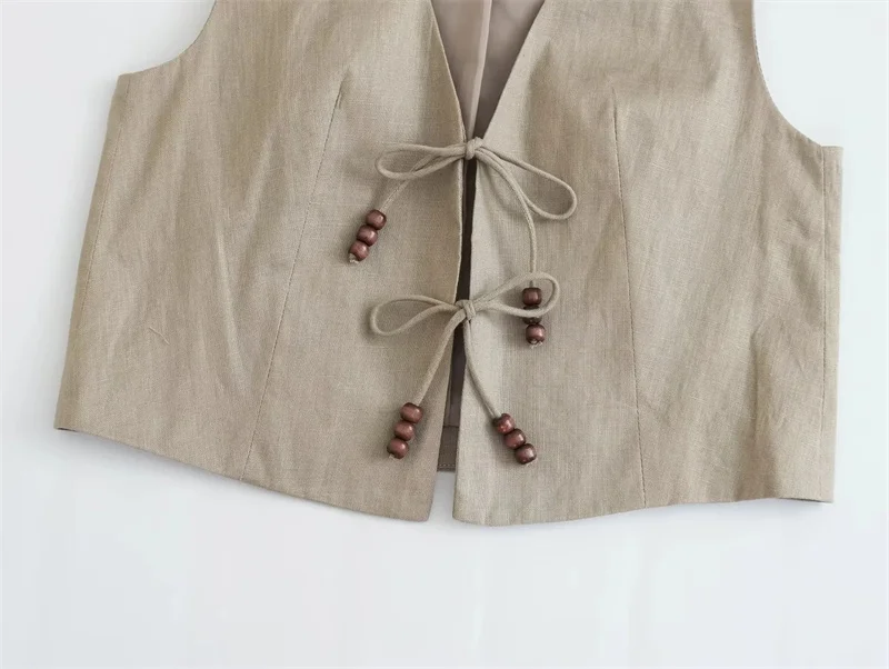 MUJER 2025 Black Cropped Vest Women Jacket Beading Tied Sleeveless Vest Woman Fashion V Neck Summer Vest Short Coats Waistcoat