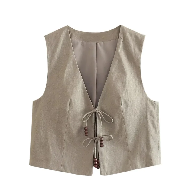 MUJER 2025 Black Cropped Vest Women Jacket Beading Tied Sleeveless Vest Woman Fashion V Neck Summer Vest Short Coats Waistcoat