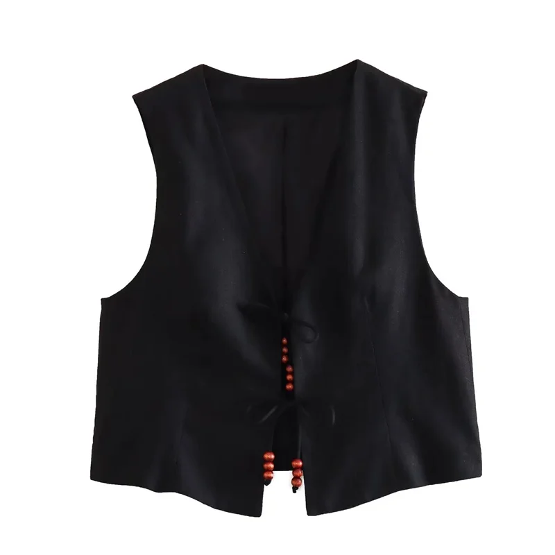 MUJER 2025 Black Cropped Vest Women Jacket Beading Tied Sleeveless Vest Woman Fashion V Neck Summer Vest Short Coats Waistcoat