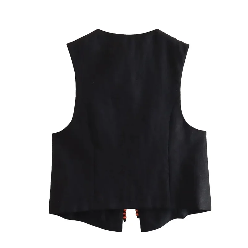 MUJER 2025 Black Cropped Vest Women Jacket Beading Tied Sleeveless Vest Woman Fashion V Neck Summer Vest Short Coats Waistcoat