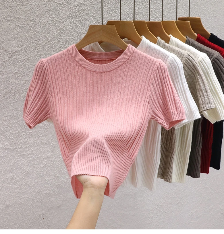 2026 Summer T Shirts for Women Casual Female Korean Knit Streetwear Tees Basic Solid Young Cool Tops