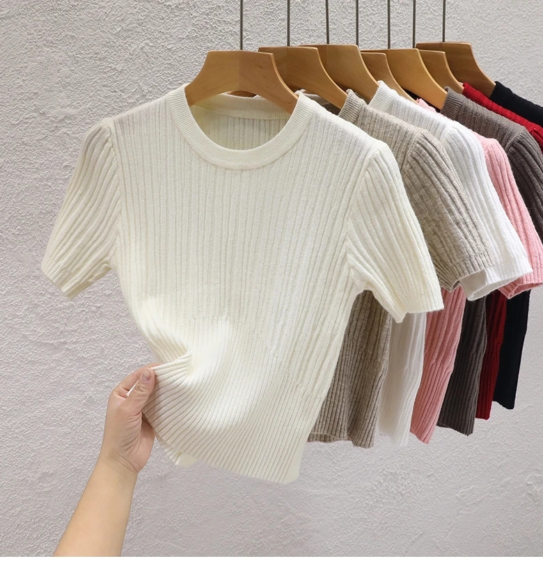 2026 Summer T Shirts for Women Casual Female Korean Knit Streetwear Tees Basic Solid Young Cool Tops