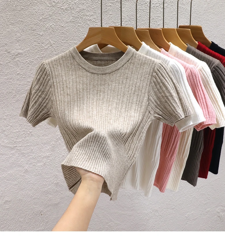 2026 Summer T Shirts for Women Casual Female Korean Knit Streetwear Tees Basic Solid Young Cool Tops