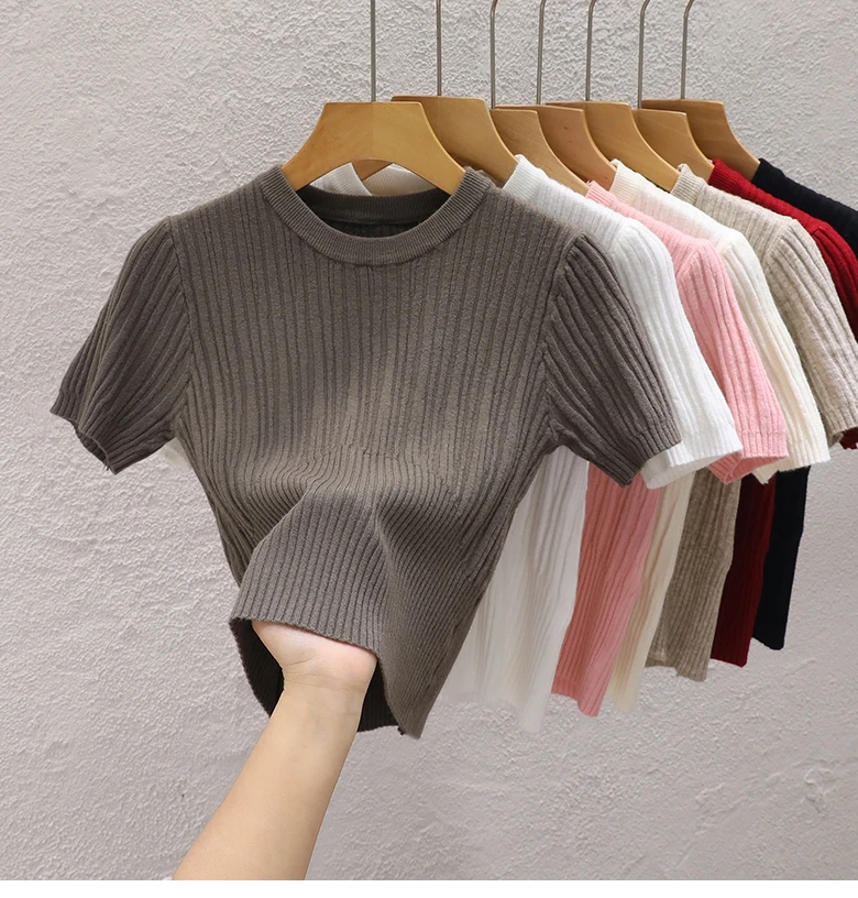 2026 Summer T Shirts for Women Casual Female Korean Knit Streetwear Tees Basic Solid Young Cool Tops