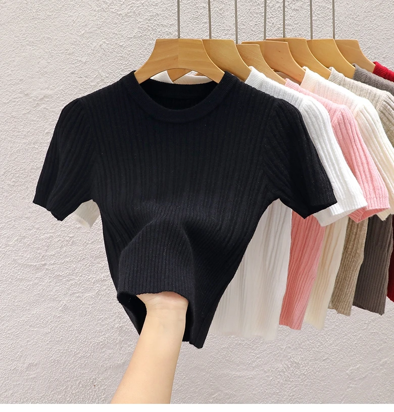 2026 Summer T Shirts for Women Casual Female Korean Knit Streetwear Tees Basic Solid Young Cool Tops