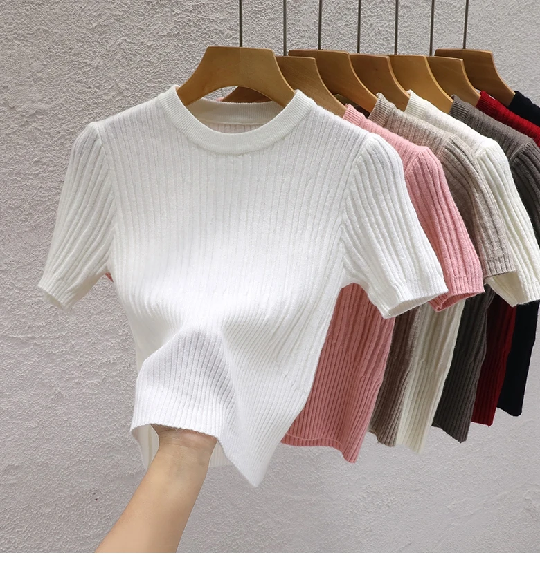 2026 Summer T Shirts for Women Casual Female Korean Knit Streetwear Tees Basic Solid Young Cool Tops