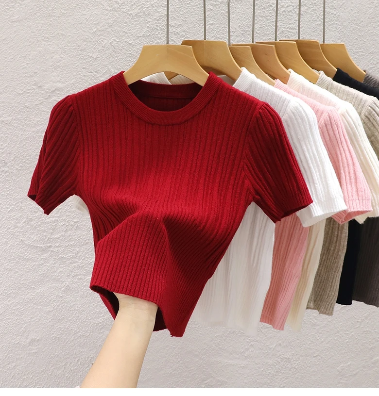 2026 Summer T Shirts for Women Casual Female Korean Knit Streetwear Tees Basic Solid Young Cool Tops