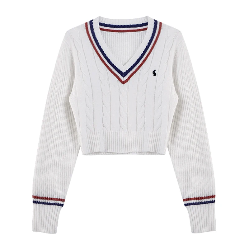 YuooMuoo Korean Fashion Sweaters Women Autumn V-neck Y2K Cartoon Embroidery Knitted Tops Winter Soft Basic Long Sleeve Pullovers