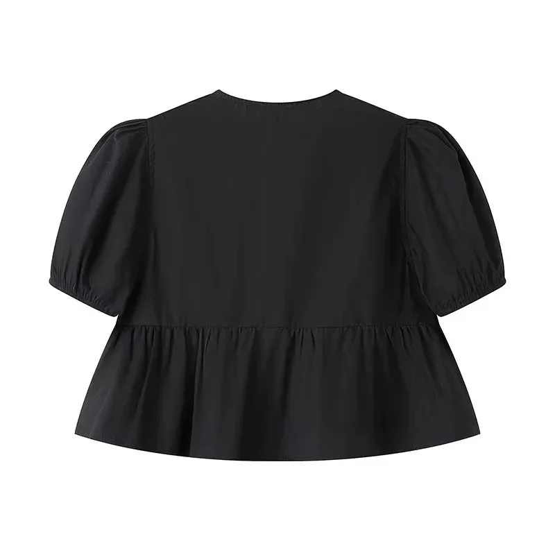 MUJER White Ruffle Crop Top Women Black Short Puff Sleeve Blouse Female Bow Tied Summer Blouses Woman 2025 Ruched Cute Tops