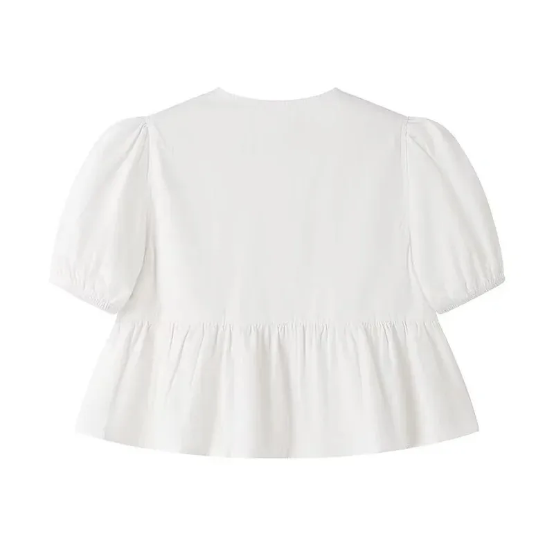 MUJER White Ruffle Crop Top Women Black Short Puff Sleeve Blouse Female Bow Tied Summer Blouses Woman 2025 Ruched Cute Tops
