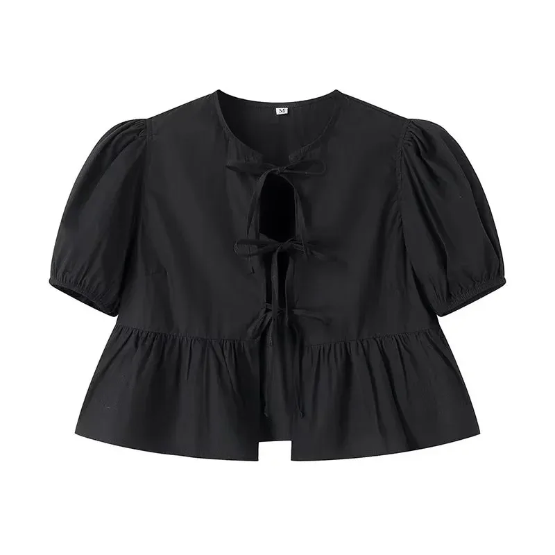MUJER White Ruffle Crop Top Women Black Short Puff Sleeve Blouse Female Bow Tied Summer Blouses Woman 2025 Ruched Cute Tops