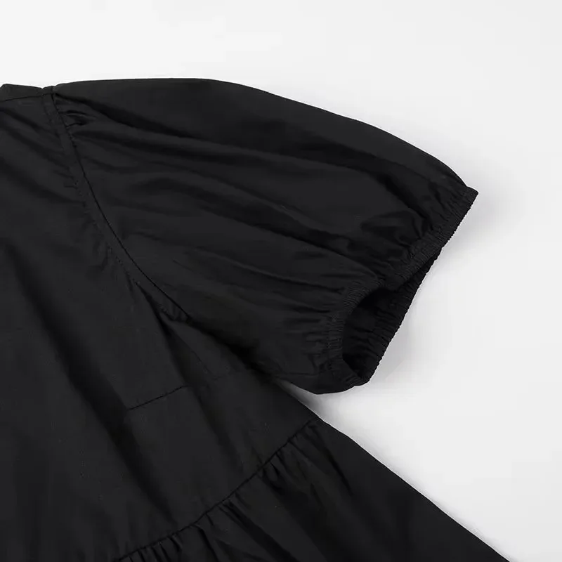 MUJER White Ruffle Crop Top Women Black Short Puff Sleeve Blouse Female Bow Tied Summer Blouses Woman 2025 Ruched Cute Tops