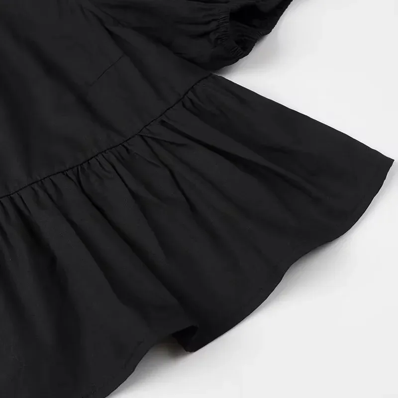 MUJER White Ruffle Crop Top Women Black Short Puff Sleeve Blouse Female Bow Tied Summer Blouses Woman 2025 Ruched Cute Tops