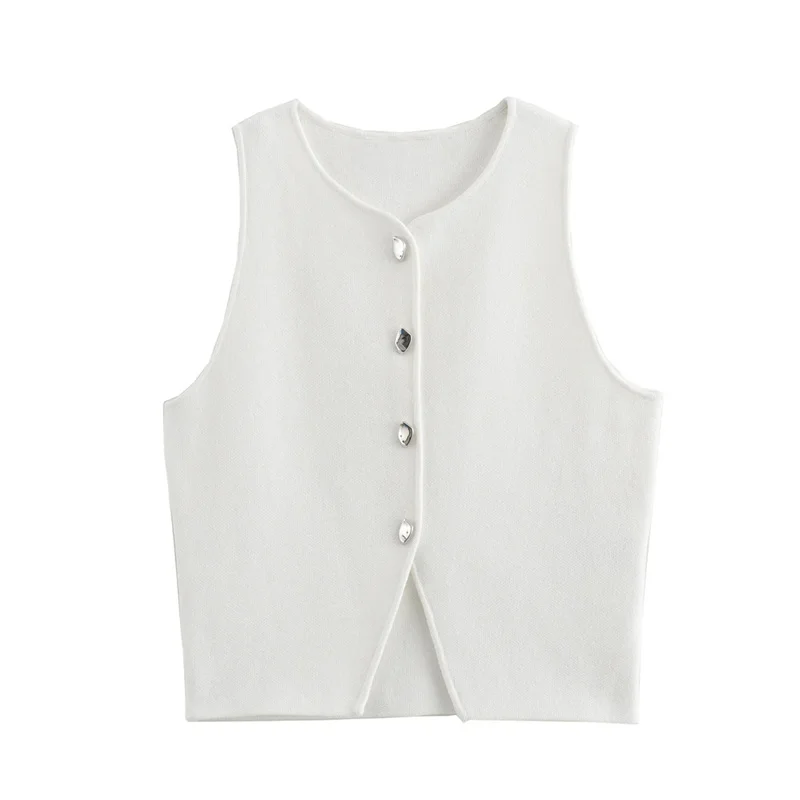 MUJER Cropped Knit Vest Women Cardigan White Sleeveless Vest Woman Fashion Button Knitted Sweater Vest Female Summer Short Tops
