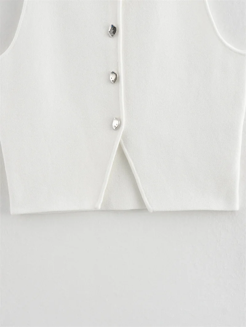 MUJER Cropped Knit Vest Women Cardigan White Sleeveless Vest Woman Fashion Button Knitted Sweater Vest Female Summer Short Tops