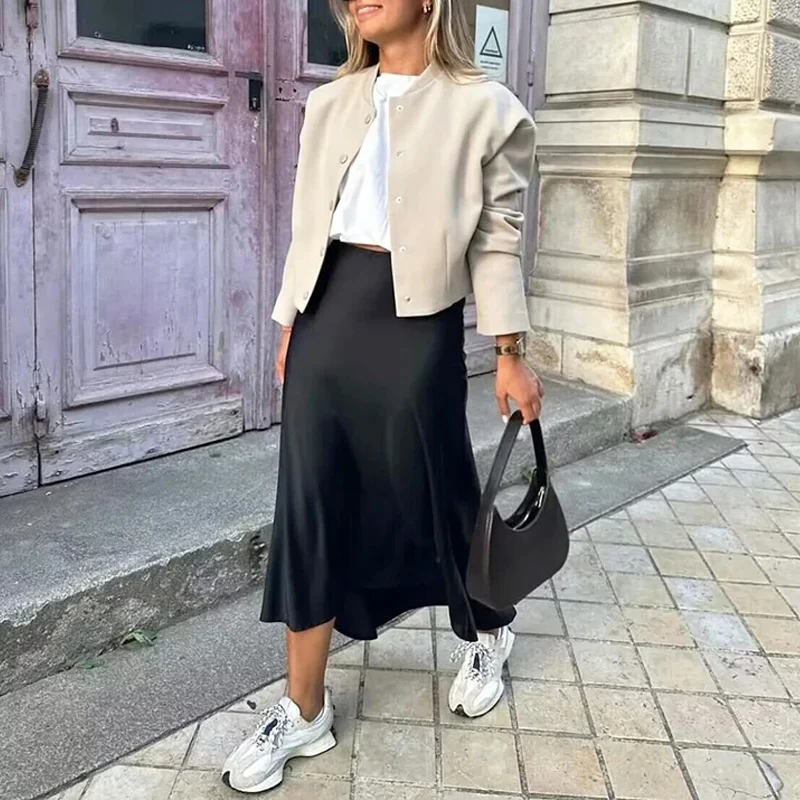 HXAO Satin Midi Women Skirt Mid Waist Folds Lady Skirt 2024 Spring Summer New Fashion Elegant Casual Office Women Clothing