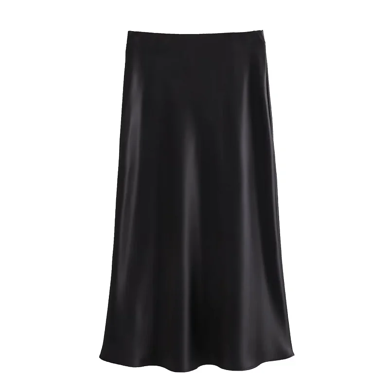HXAO Satin Midi Women Skirt Mid Waist Folds Lady Skirt 2024 Spring Summer New Fashion Elegant Casual Office Women Clothing