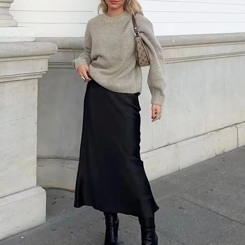 HXAO Satin Midi Women Skirt Mid Waist Folds Lady Skirt 2024 Spring Summer New Fashion Elegant Casual Office Women Clothing