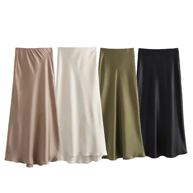 HXAO Satin Midi Women Skirt Mid Waist Folds Lady Skirt 2024 Spring Summer New Fashion Elegant Casual Office Women Clothing