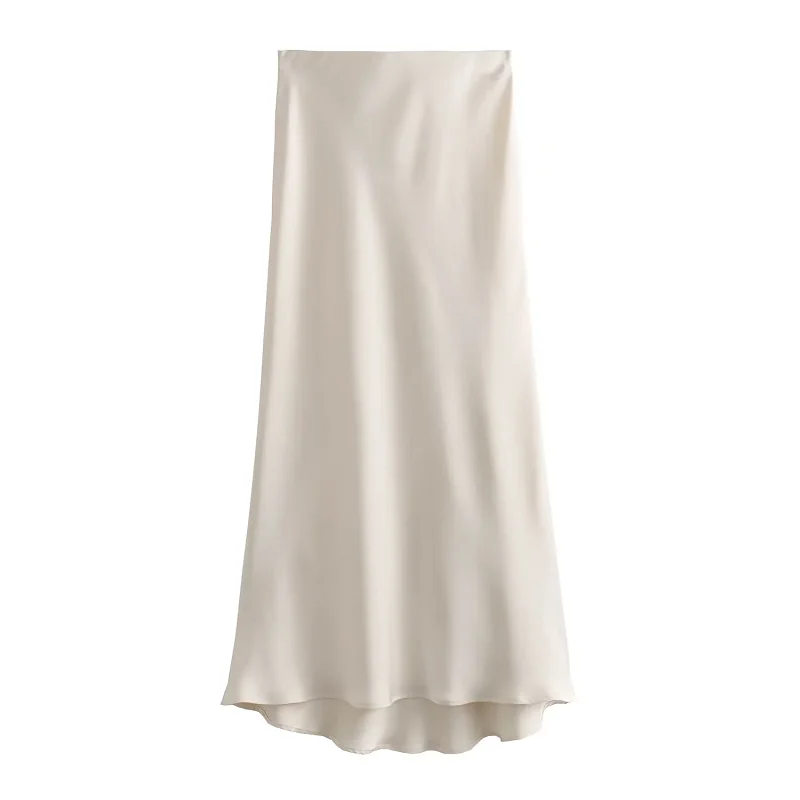 HXAO Satin Midi Women Skirt Mid Waist Folds Lady Skirt 2024 Spring Summer New Fashion Elegant Casual Office Women Clothing