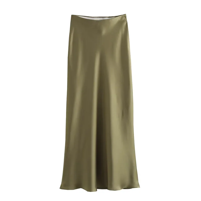 HXAO Satin Midi Women Skirt Mid Waist Folds Lady Skirt 2024 Spring Summer New Fashion Elegant Casual Office Women Clothing