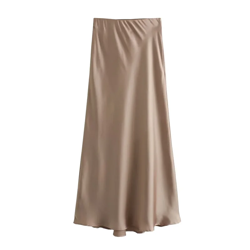 HXAO Satin Midi Women Skirt Mid Waist Folds Lady Skirt 2024 Spring Summer New Fashion Elegant Casual Office Women Clothing