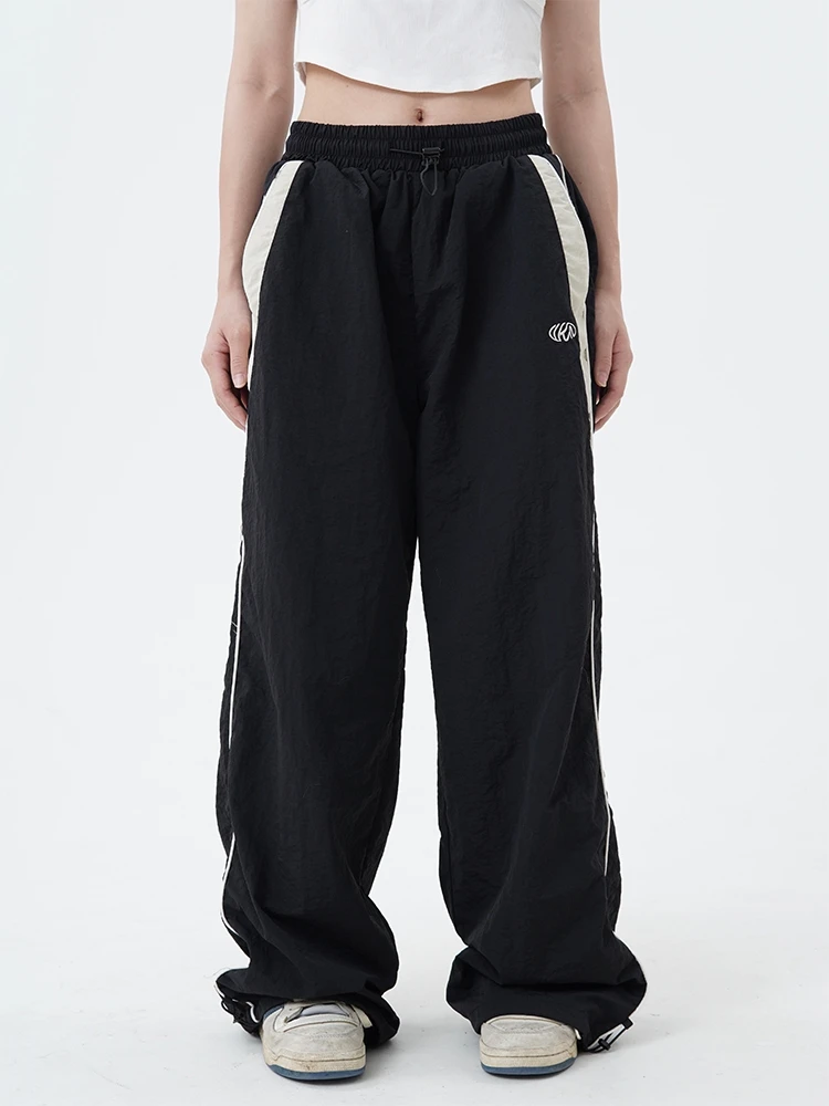 Women Spring Retro Solid Loose Drawstring Trousers Casual Joggers Baggy Wide Leg Sweatpants Mid Waist Sporty Y2k Female Clothes