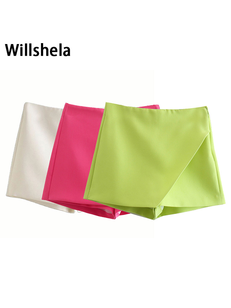 Willshela Women Fashion Asymmetrical Shorts Skirts High Waist Back Pockets Side Zipper Vintage Female Skort Solid