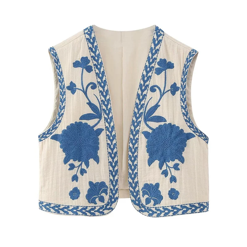 KEYANKETIAN Women Vintage Floral Embroidered Open WaistCoat Ladies National Style Vest Jacket Outfits Casual Vacation Crop Top