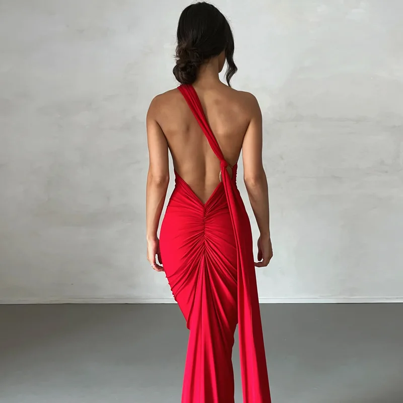 Hugcitar One Shoulder Backless Adjustable Scarf Loop Ruched Sexy Maxi Dress Women Elegant Y2K Streetwear Festival Outfit