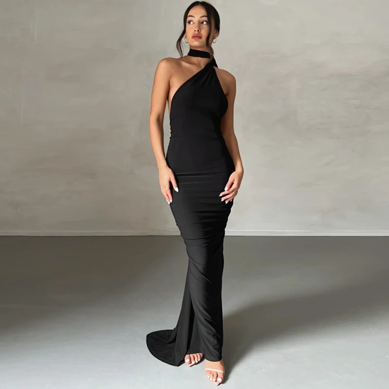 Hugcitar One Shoulder Backless Adjustable Scarf Loop Ruched Sexy Maxi Dress Women Elegant Y2K Streetwear Festival Outfit