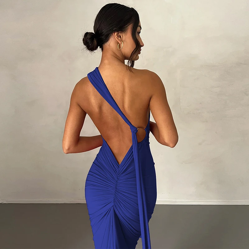Hugcitar One Shoulder Backless Adjustable Scarf Loop Ruched Sexy Maxi Dress Women Elegant Y2K Streetwear Festival Outfit