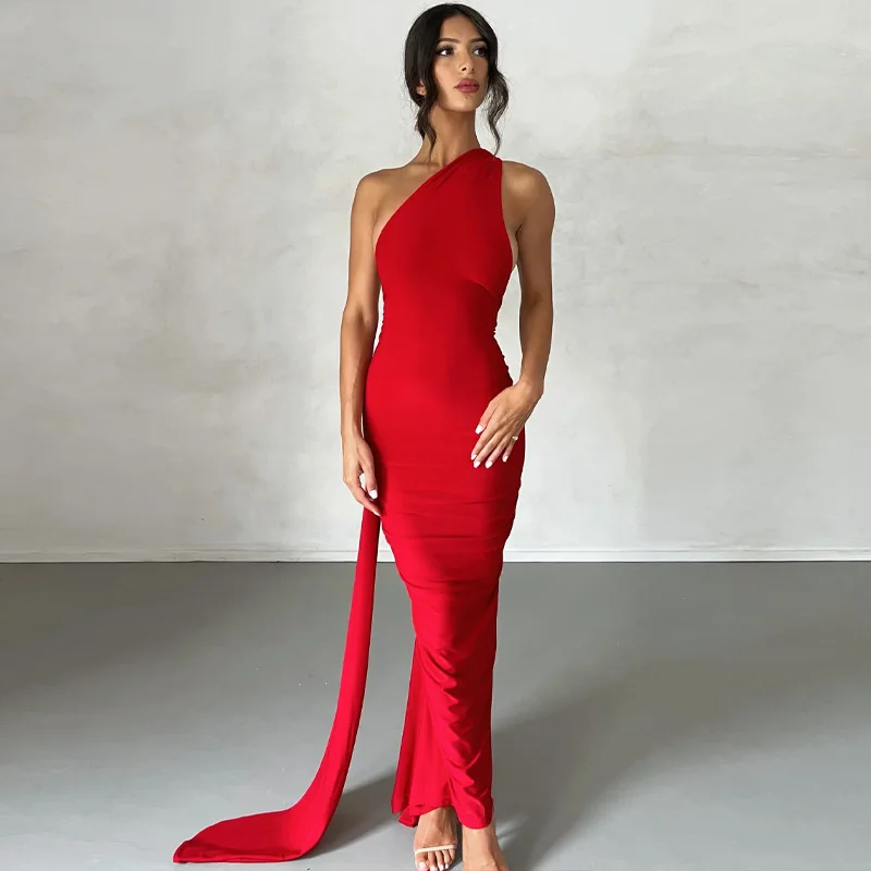 Hugcitar One Shoulder Backless Adjustable Scarf Loop Ruched Sexy Maxi Dress Women Elegant Y2K Streetwear Festival Outfit