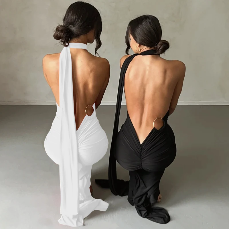 Hugcitar One Shoulder Backless Adjustable Scarf Loop Ruched Sexy Maxi Dress Women Elegant Y2K Streetwear Festival Outfit