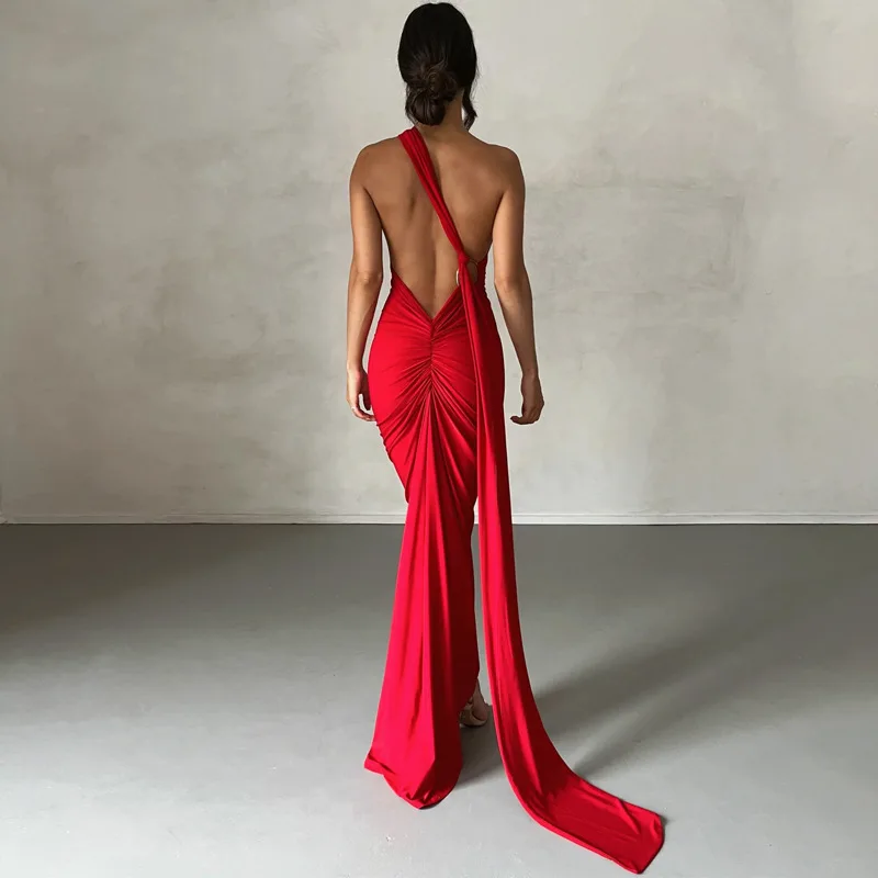 Hugcitar One Shoulder Backless Adjustable Scarf Loop Ruched Sexy Maxi Dress Women Elegant Y2K Streetwear Festival Outfit