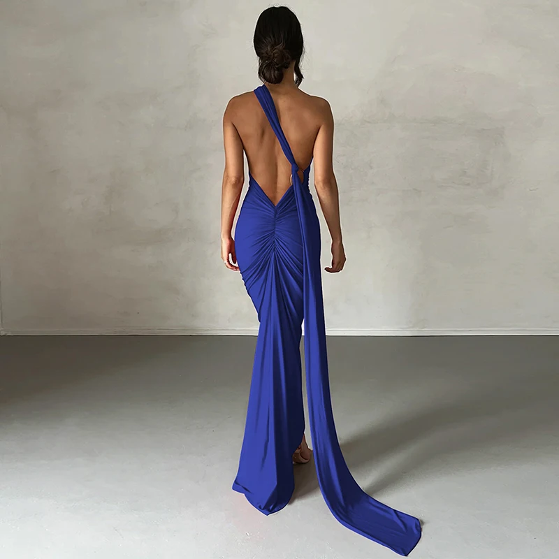 Hugcitar One Shoulder Backless Adjustable Scarf Loop Ruched Sexy Maxi Dress Women Elegant Y2K Streetwear Festival Outfit