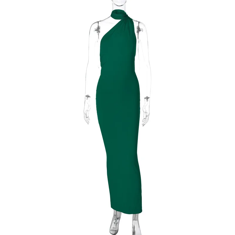 Hugcitar One Shoulder Backless Adjustable Scarf Loop Ruched Sexy Maxi Dress Women Elegant Y2K Streetwear Festival Outfit