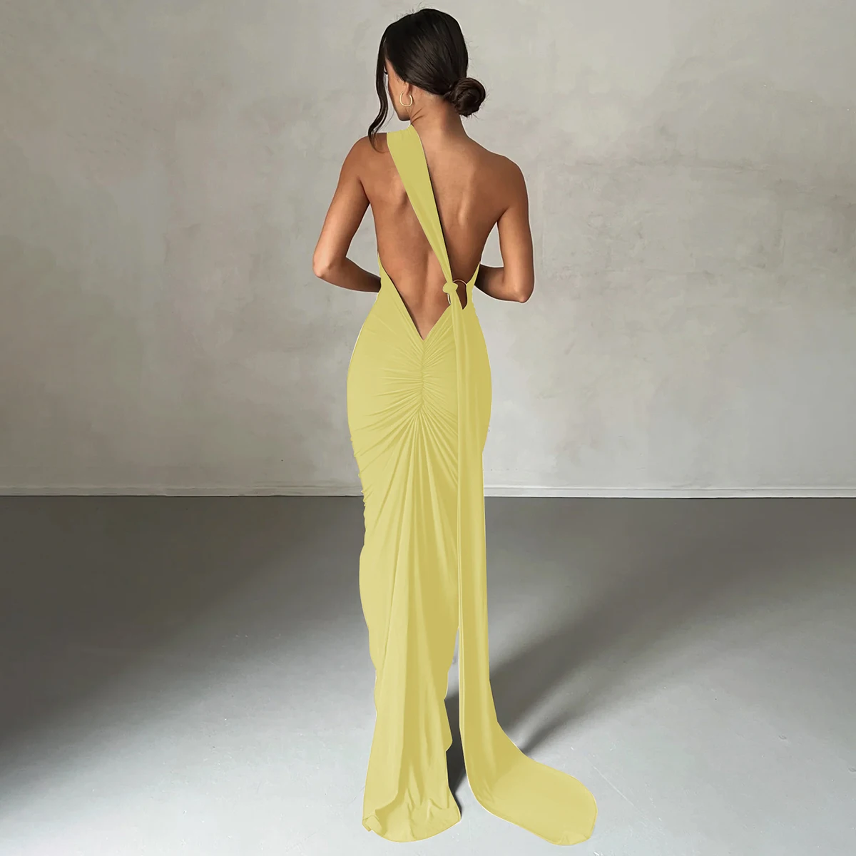 Hugcitar One Shoulder Backless Adjustable Scarf Loop Ruched Sexy Maxi Dress Women Elegant Y2K Streetwear Festival Outfit